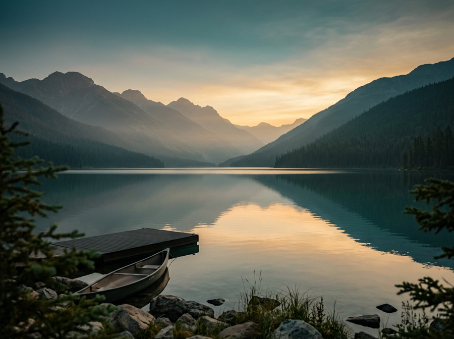 Calm lake and mountains at dawn