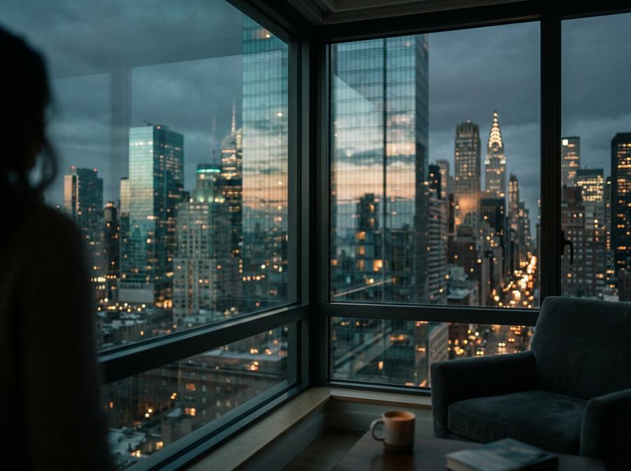 City skyline at dusk